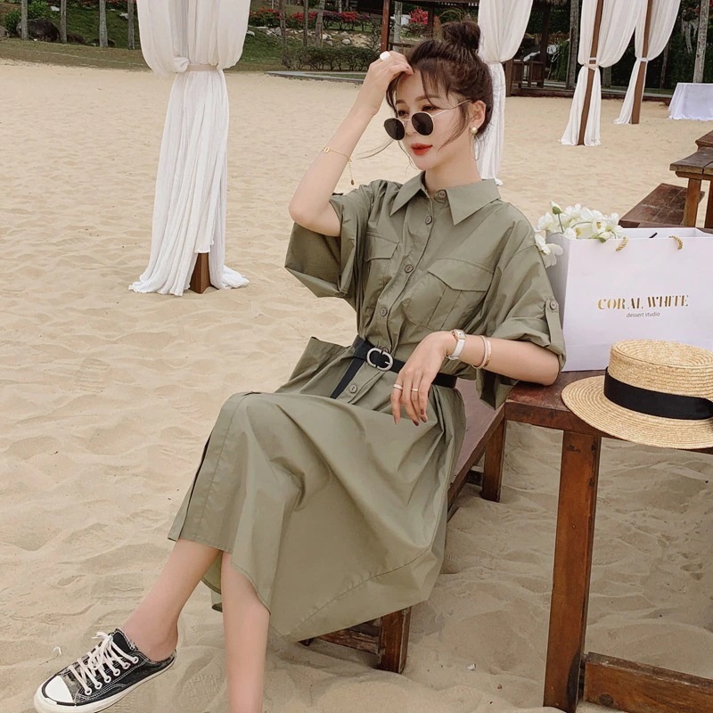 シャツワンピース ワンピース シャツワンピース 膝下 ミモレ ミモレ丈 袖あり 7分袖 七分袖 襟付き ベルト ウエストマーク 前開き ポリエステル かわいい 大人可愛い シンプル カジュアル 大人