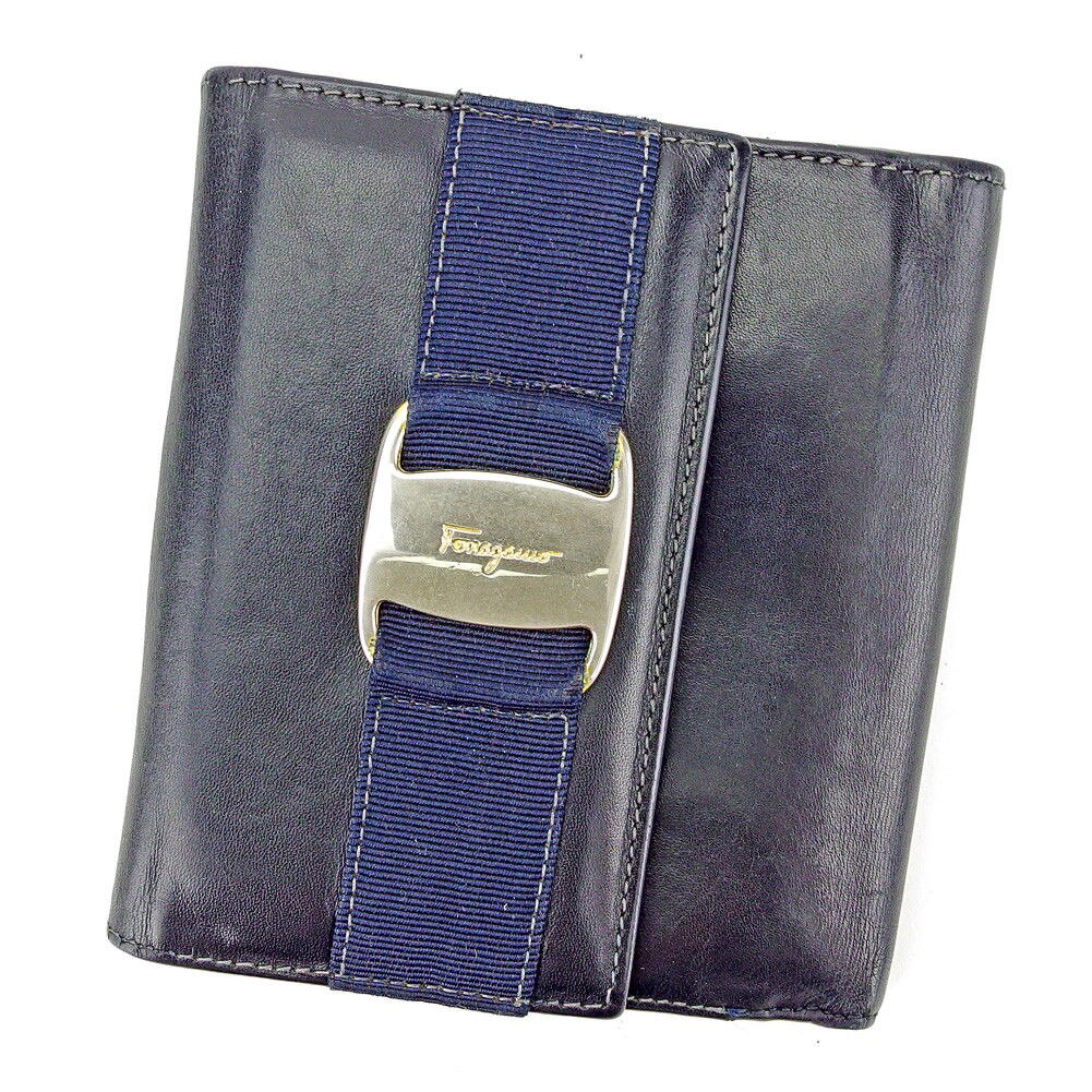 Wホック 財布 二つ折り ヴァラ金具 ダークネイビー ゴールド 中古