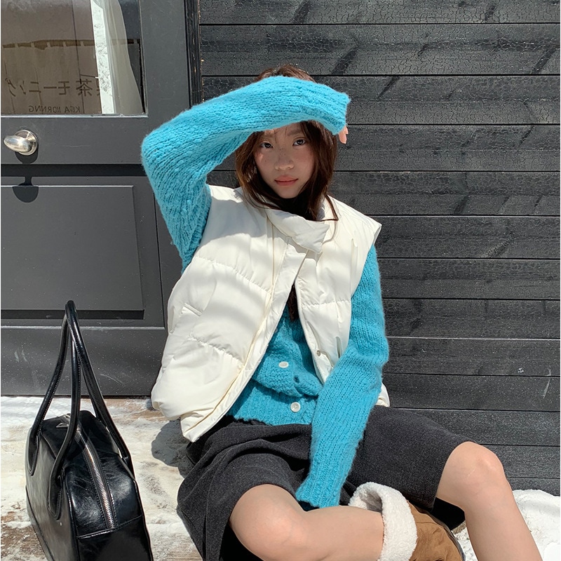 韓国風レディースダウンベストシンプルなスタンドカラーノースリーブショートコート