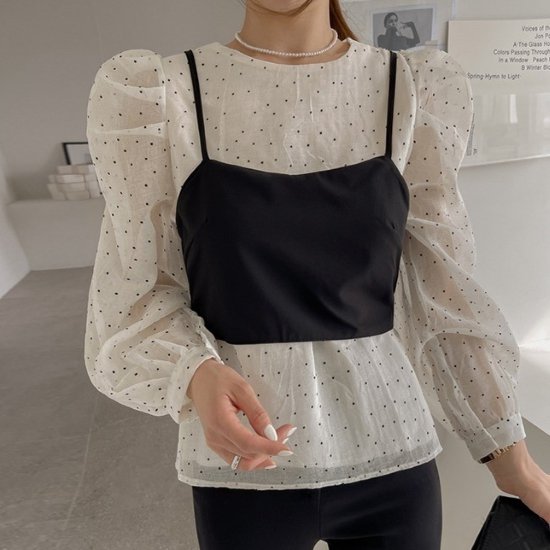 ブラウス レディース ビスチェ 2点セット ツーピース トップス 重ね着 レイヤードスタイル 長袖 ボリューム袖 水玉 ドット柄 細ストラップ シフォンシャツ カジュアル お出かけ おしゃれ きれいめ