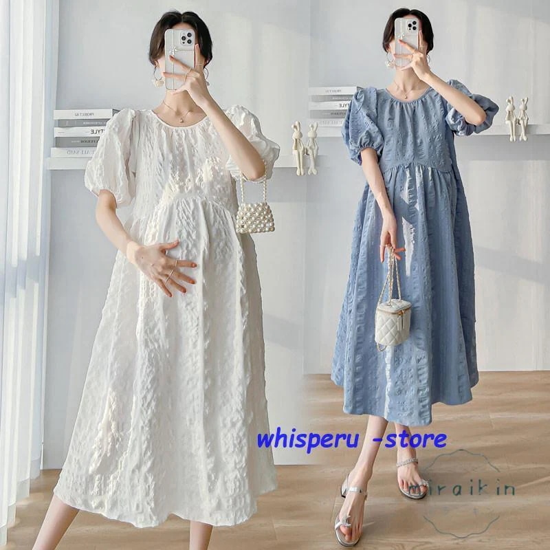 【急速出荷!】マタニティ ワンピース 夏服 ロング 半袖 ミモレ丈 aライン パフスリーブ レディース 夏 産前産後 リゾート 30代40代 レディース 夏 さらっと ゆると アジアン