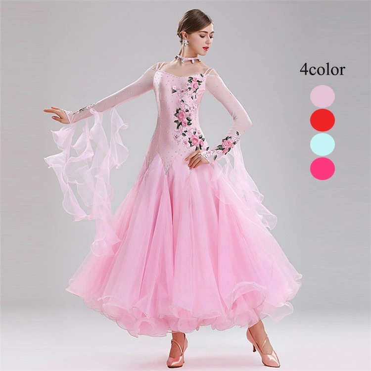 社交ダンス 衣装 おしゃれ 4色選択可 パーティードレス ロング ワンピース 花柄 Aライン ラテンダンス ワルツ チャチャ お呼ばれ キャバドレス 練習着 競技用 インターナショナルダンス 舞台 ス