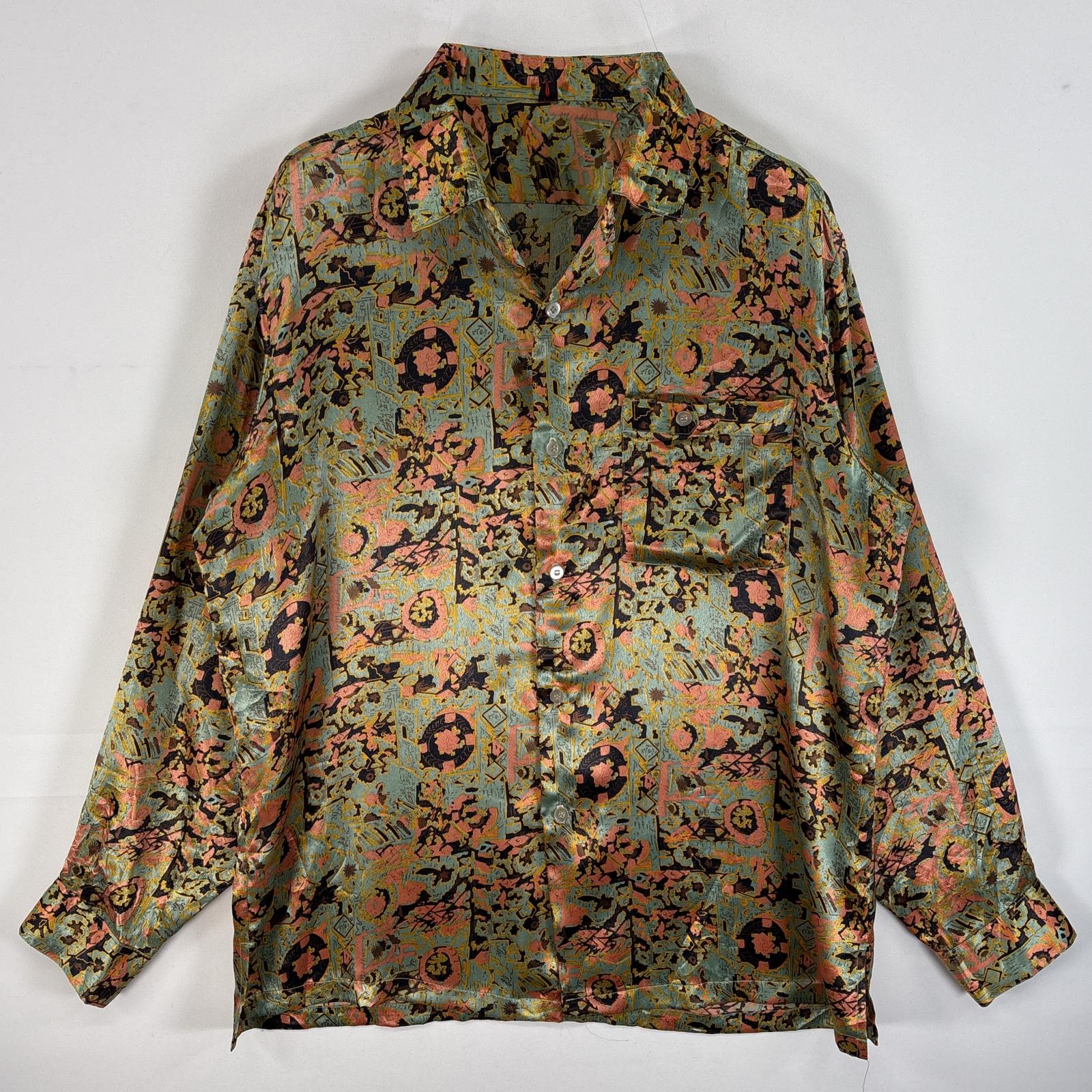 古着 ハリウッド Hollywood 長袖シャツ オープンカラー 柄シャツ 胸ポケ ゴールド 総柄 メンズ