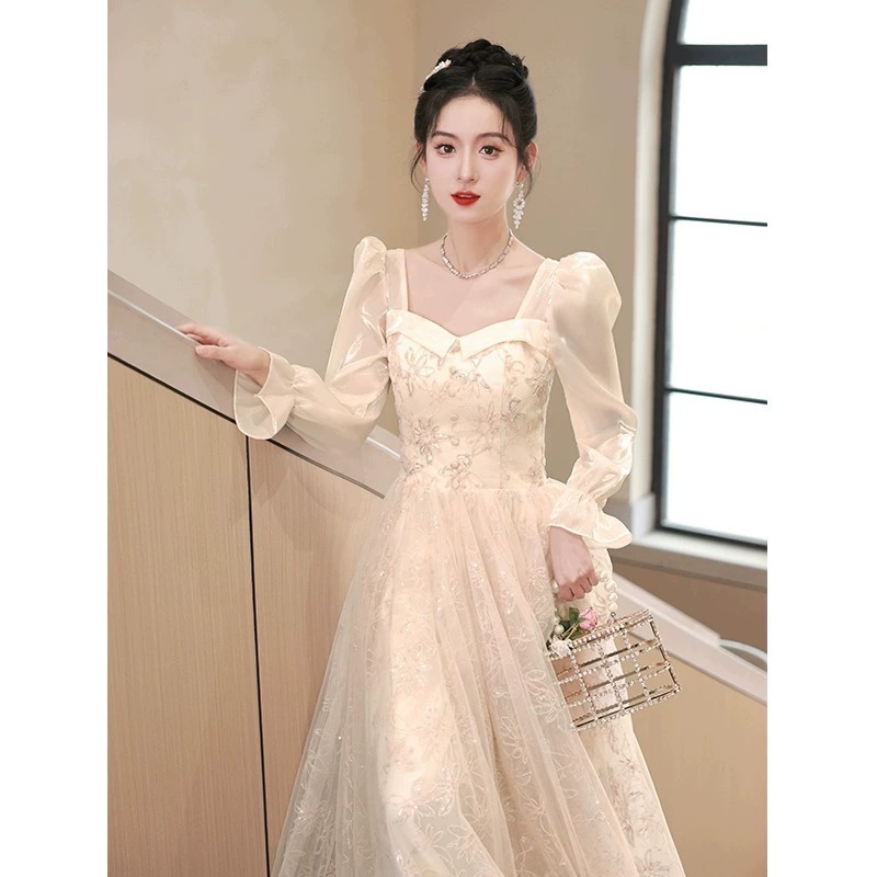 女性用長袖イブニングドレス 2024 ボーカルピアノ芸術試験成人式宴会気質