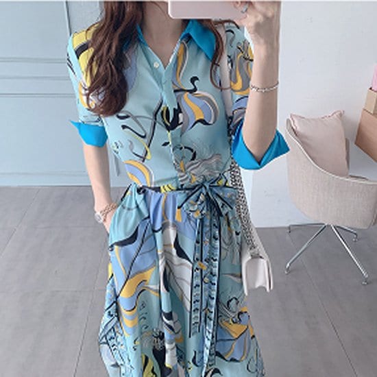 【取寄：納期2週間】ワンピース レトロ柄ワンピース 花柄 半袖 襟付き レディース レトロ おしゃれ 細見え 軽い