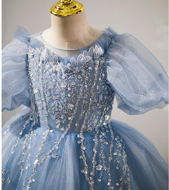 ピアノ発表会ドレス 子供ドレス ブルー キラキラドレス 演奏会ドレス ロングドレス 女児ドレス キッズドレス フォーマルドレス チュールスカート イベント 女の子ドレス 100~160cm