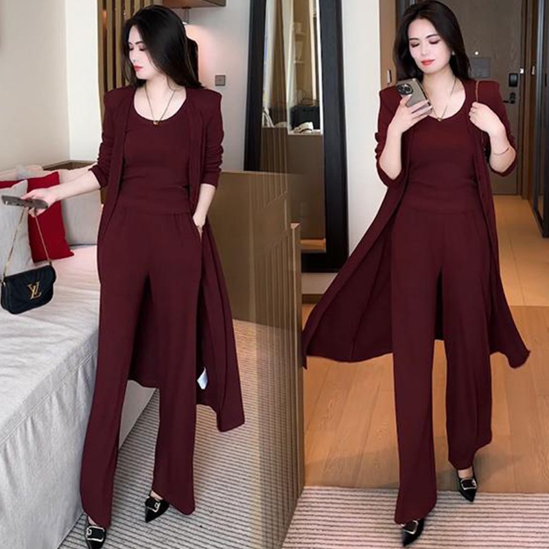 スーツ女性秋洋気質痩せニットコートベストワイドパンツ減齢3点セット