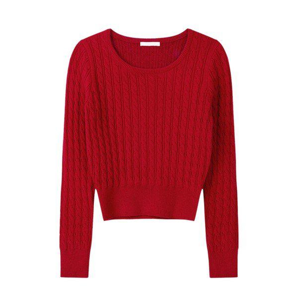 女性マルチモーダルUネックケーブルニットTシャツSGW KN Q047 レッド_P373804853