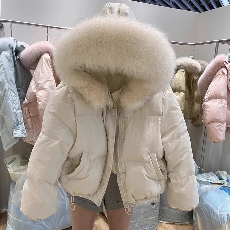 フォックス大毛皮襟 ホワイトダックダウン ショートダウン レディース 2026冬 加厚 防寒