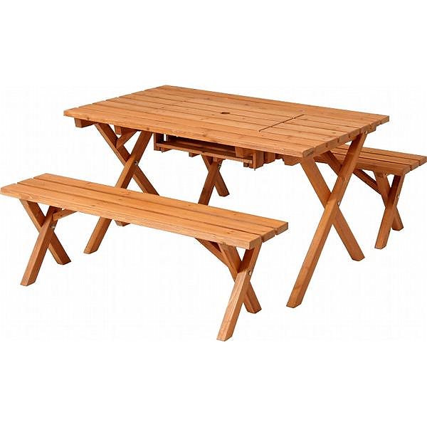 杉材 BBQテーブル＆ベンチセット （コンロスペース付）