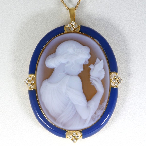 K18 18金 YG ネックレス ブローチ ストーンカメオ ブルーカルセドニー ダイヤ 鑑別書 中古