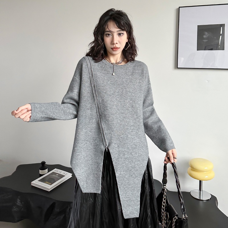 【Noir Mode】 秋冬 ジップアップ アシンメトリー ニット デザイン性 ブラックコーデ 大きいサイズ レディース 体型カバー セーター トップス ニットセーター