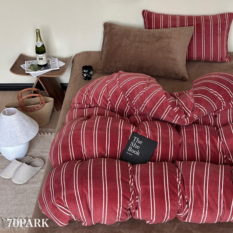 レッド アイボリー ストライプ 冬用 布団カバーセット 全3種 ベッドカバー オールシーズン シングル ダブル クイーン ベッドリネン おしゃれ 韓国インテリア 韓国っぽ 70PARK