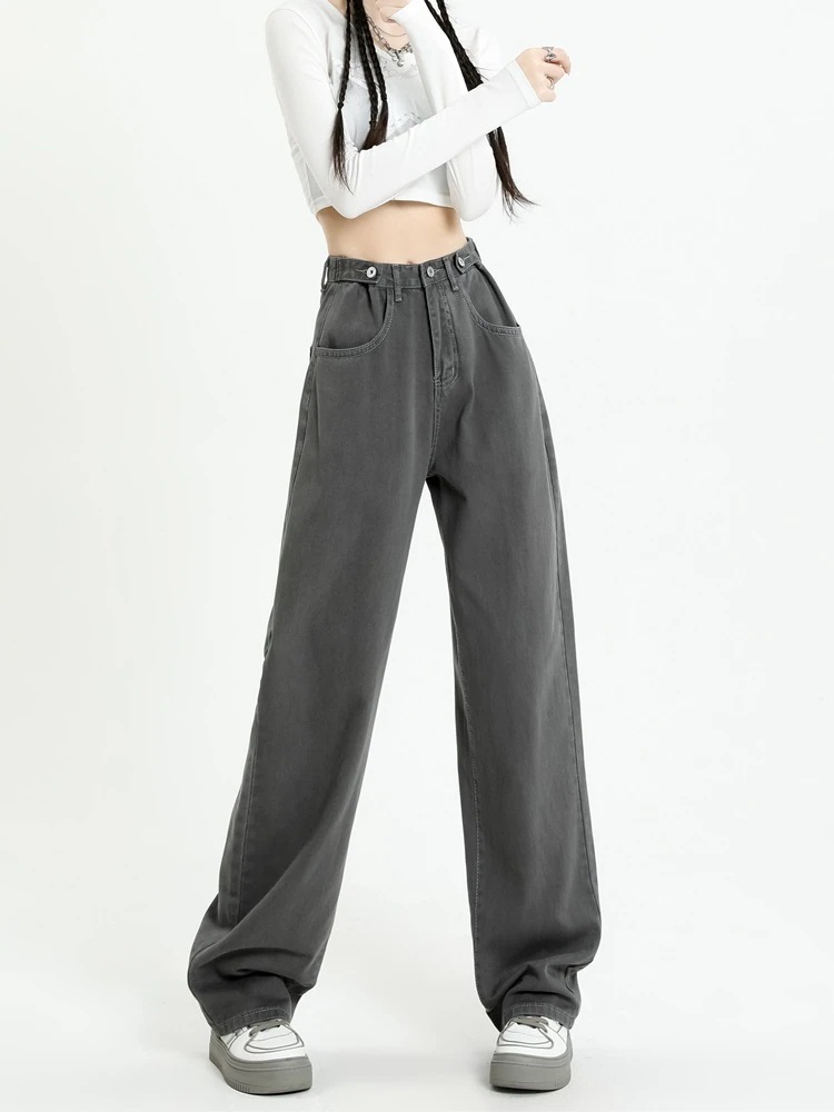 グレーハイウエストワイドジーンズレディース早春秋冬秋新作アメリlカンスモールルーズストレートドラッグパンツ