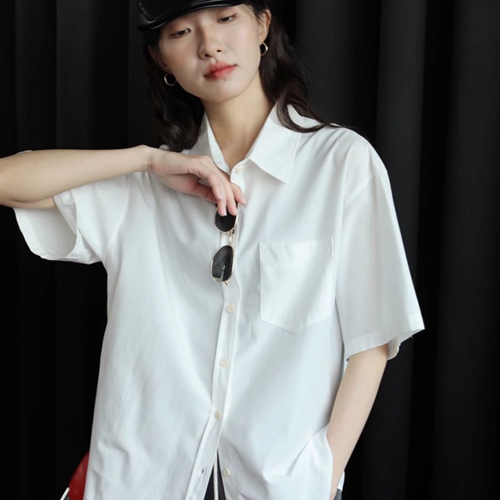 半袖 白 シャツ レディース ゆったり 細見え ファッション 学生 ミドル丈 シャツ 春夏 薄手 トップス29688