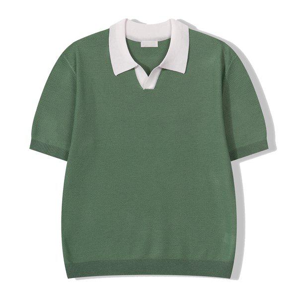 メンズプレミアム配色オープンカラー半袖ニットTシャツ GN-KNH-Q010-グリーン