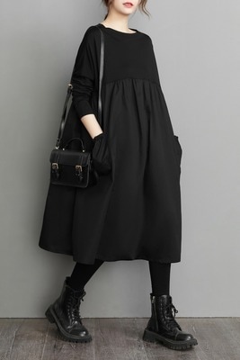 ワンピース フレアワンピース 膝下 ミモレ ロング丈 長袖 ラウンドネック フレア Aライン かわいい 大人可愛い きれいめ シンプル カジュアル 大人 上品 お洒落 レトロ 大人女子 こなれ感
