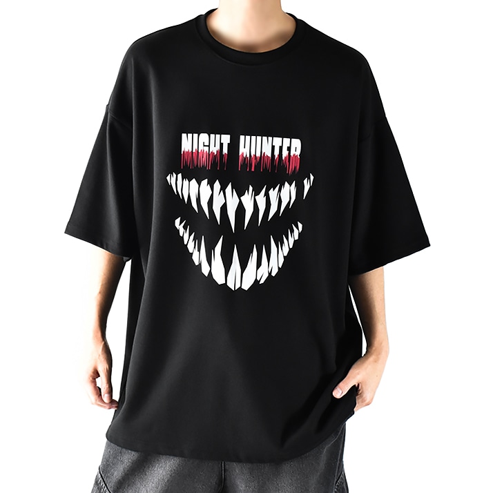 ホラー Tシャツ プリントTシャツ メンズ 半袖 ビッグシルエットTシャツ ビッグTシャツ 大きいサイズ オーバーサイズ ロング丈 厚手 ドロップショルダー ストリート系 モード系 サブカル系 個性派