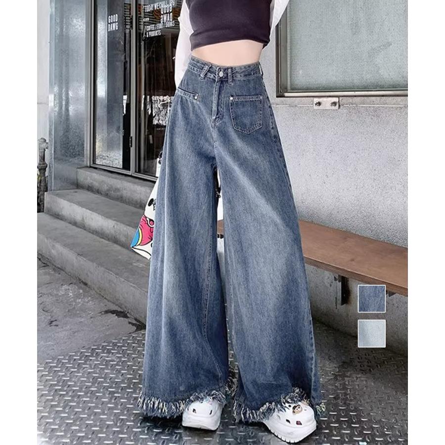 デニムパンツ レディース ジーンズ ワイドデニムパンツ 裾フリンジ ジーパン