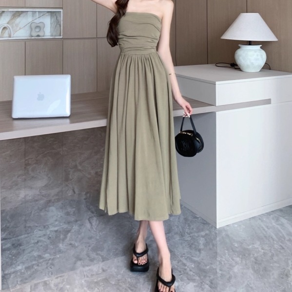 ベアトップドレス レディース ワンピース ミモレ ロング 袖なし セミフレア 切り替え ドッキング フェミニン サイドスリット ハイウエスト かわいい 大人可愛い きれいめ シンプル 上品 おしゃれ