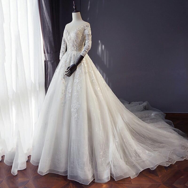 Ａラインドレス ウエディングドレス 長袖 ロングドレス 結婚式 トレーン オフショルダー 海外挙式 花嫁 二次会 披露宴 ブライダル ウェディングドレス 上品
