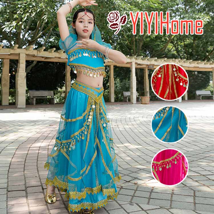 キッズ 子供 ベリーダンス 衣装 セット ベリー 衣装 コスチューム ハロウィン コスプレ アラビアン仮装 パーティー アラビアン衣装 余興用 レッスン着 ヒップスカーフ パンツ レッド　ライト