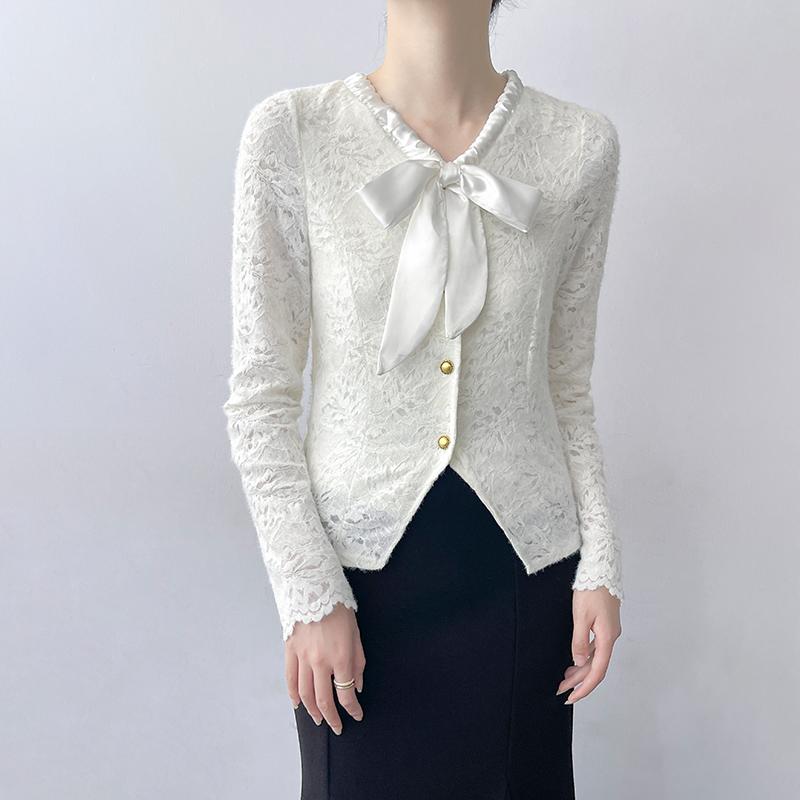 ブラウス Vネック レース シャツ レディース 秋冬 タイト リボン ボウタイ トップス シンプル 上品 シック 大人 ファッション