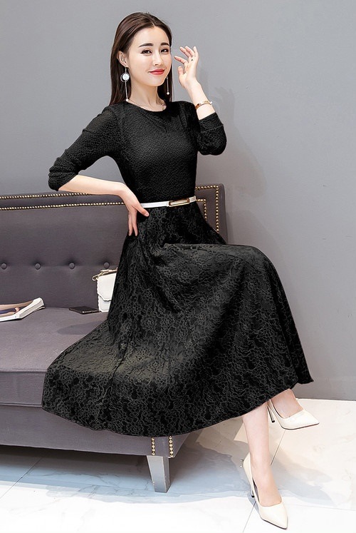 A1104.シースルーレースフレアワンピース（ブラック）2019 春夏 sale ドレス エレガント お呼ばれ 結婚式 披露宴 パーティー 女子会 レストラン デート