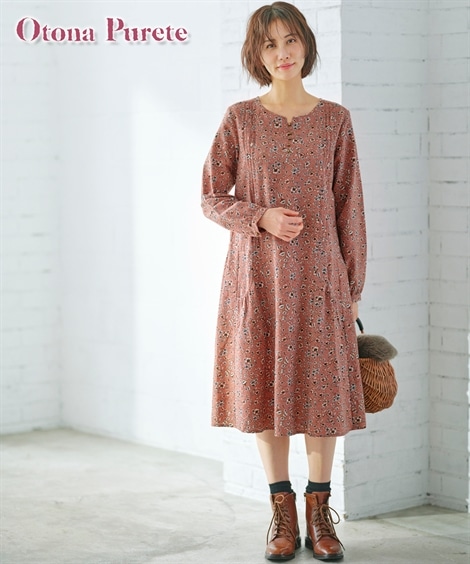 ロング・マキシ丈/半袖 綿混起毛花柄ゆったりワンピース Otona Purete