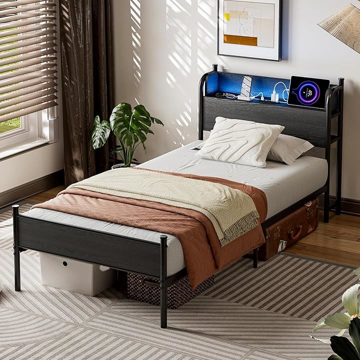 ベッドフレーム パイプベッド S 2口コンセント＆USB充電付き シングルベッド スチール すのこベッド 収納宮棚付き LEDライト付き 2段階高さ調整 頑丈 (ブラック, シングル) 14,652円