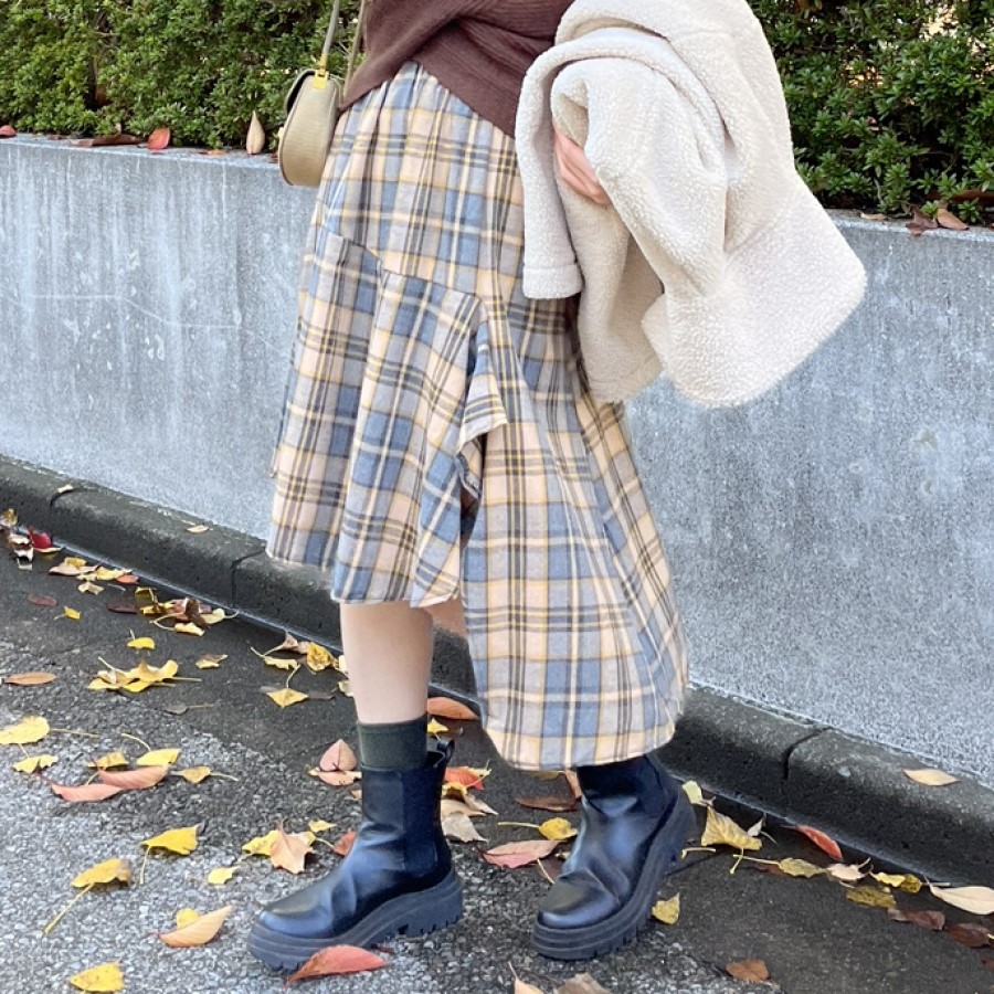 ハイウエスト変形カットチェックスカート