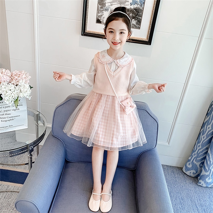 二点セット ワンピース チュールスカート きれいめ カジュアル 入学式 ベスト おしゃれ 子供用 子供服 長袖 女児