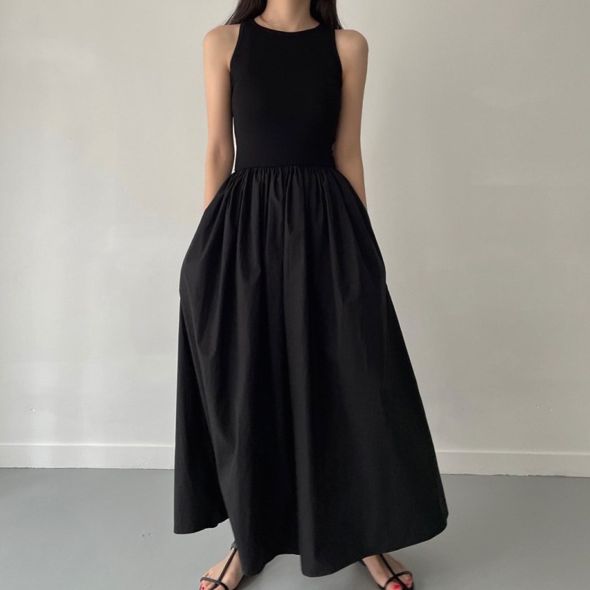 ワンピース ノースリーブ ラウンドネック ロング丈 ロングスカート ハイウエスト スリム 細身 韓国 レディース かわいい 可愛い キュート 大人可愛い 大人女子 シンプル きれいめ