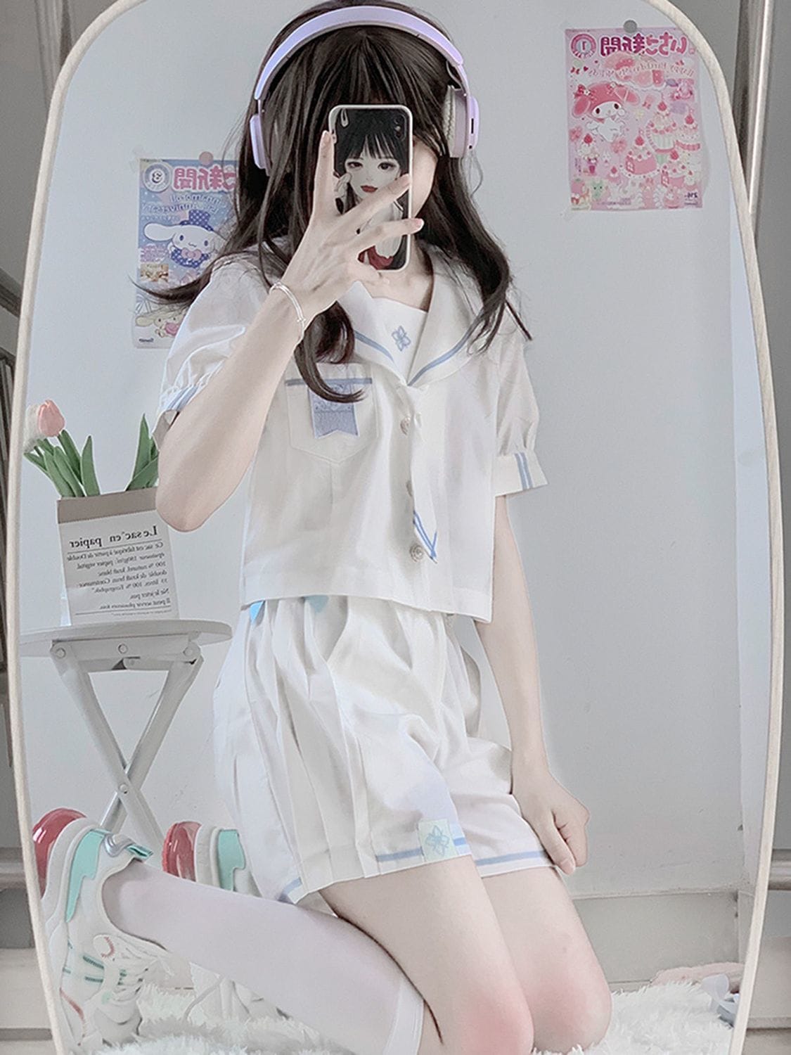Ying Mu Xinghai 制服 キュロット セーラー服 半袖 トップス ショーツ スーツ 白 製