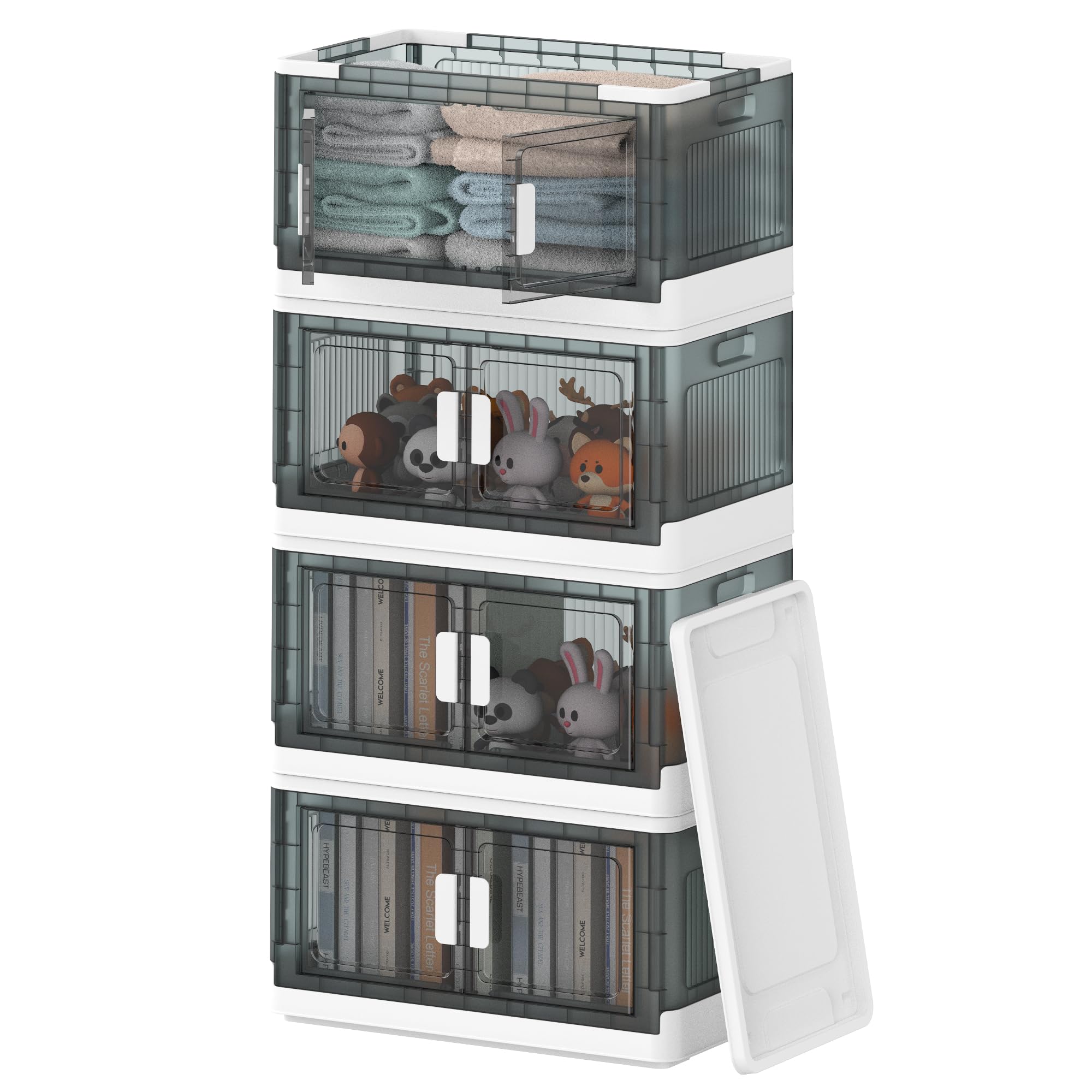 COOSOT 収納ボックス 蓋付き 折りたたみ 左右開き式 大容量 収納ケース 積み重ね 強い耐荷重 キャスター付き クリアケース 組立簡単 多機能 箱 四個セット（Lサイズ：58*34*130cm）