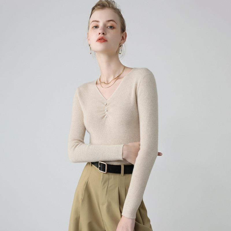 2023年秋冬新作韓国風女性用カシミヤブレンドvネック長袖女性式通常プルオーバー