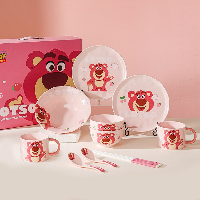 ディズニー ストロベリーベア ストーンパターン 2人用フードギフトボックス 漫画 子供用 セラミック ラウンドプレート 家庭用ボウルと食器