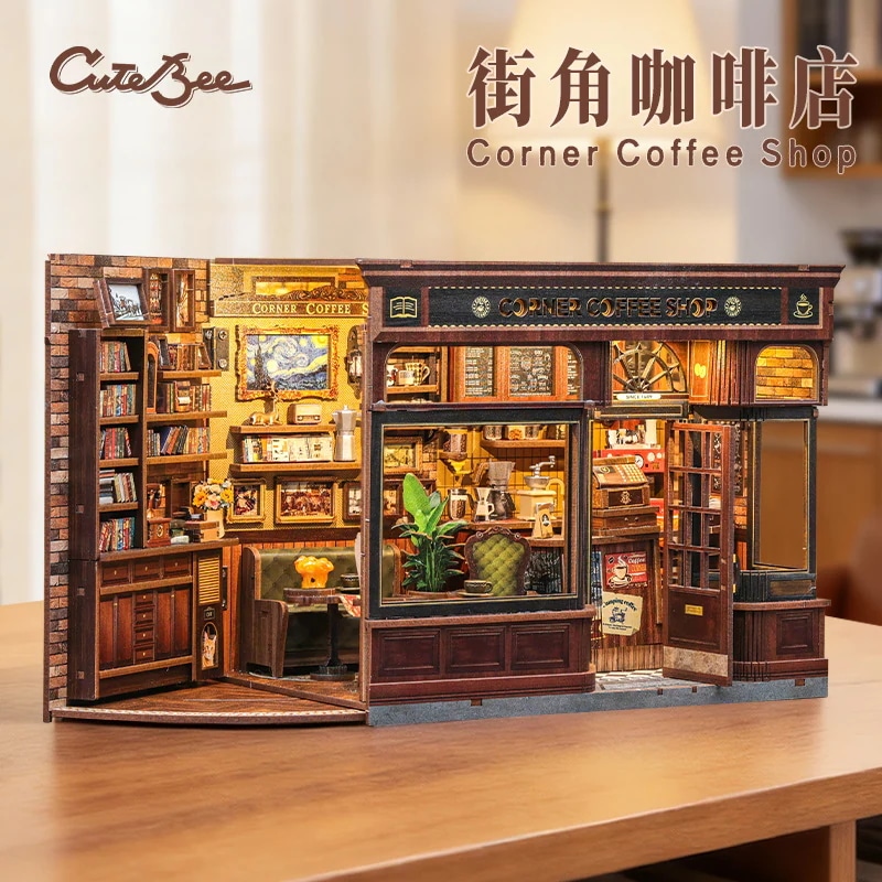 ライトなしuteee積木街角コーヒーショップ手作り組み立てDIYミニチュアおもちゃ