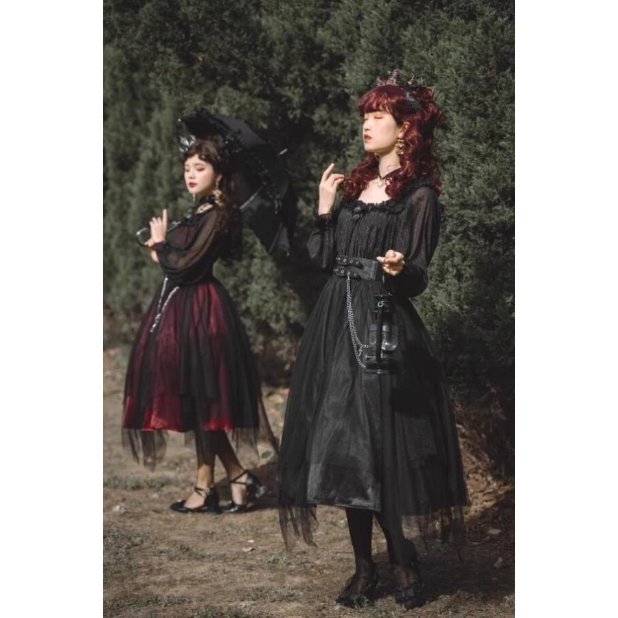 短納期 数量限定 ロリータ ワンピース ゴシック＆ロリータ服 長袖 ロリータドレス 膝丈 ミモレ丈 暗黒 ワンピース ジャンパースカート チュール ふんわり チェーンベルト Lolita事前に購入すれ 5,563円