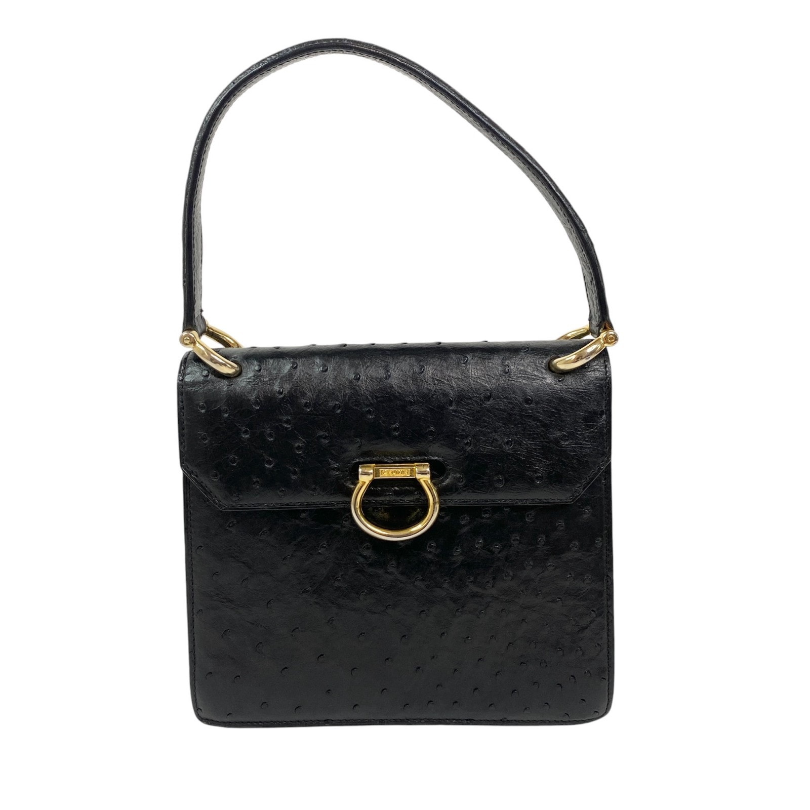 【中古】[入手困難] セリーヌ CELINE レディース オーストリッチ サークル ハンドバッグ　ブラック　黒　GD金具