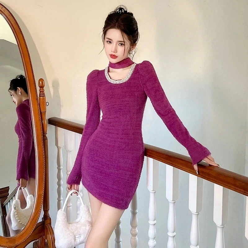 秋冬 ニットワンピース ショート パール襟 パーティードレス キャバ 着痩せ 大人 お呼ばれ 同窓会 披露宴 卒業式 結婚式 ウェディング 二次会30%までに制限