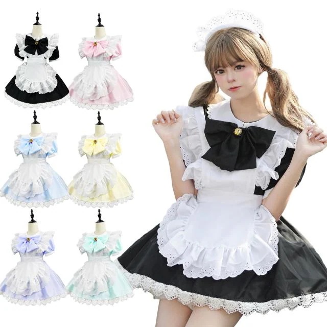 [5点セット] メイド服 コスプレ 萌え コンカフェ メイド 定番 ショート丈 可愛い レース メイドコスチューム ロリータ ワンピース レディース メンズ 大きいサイズ 仮装 ハロウィン 女装 人