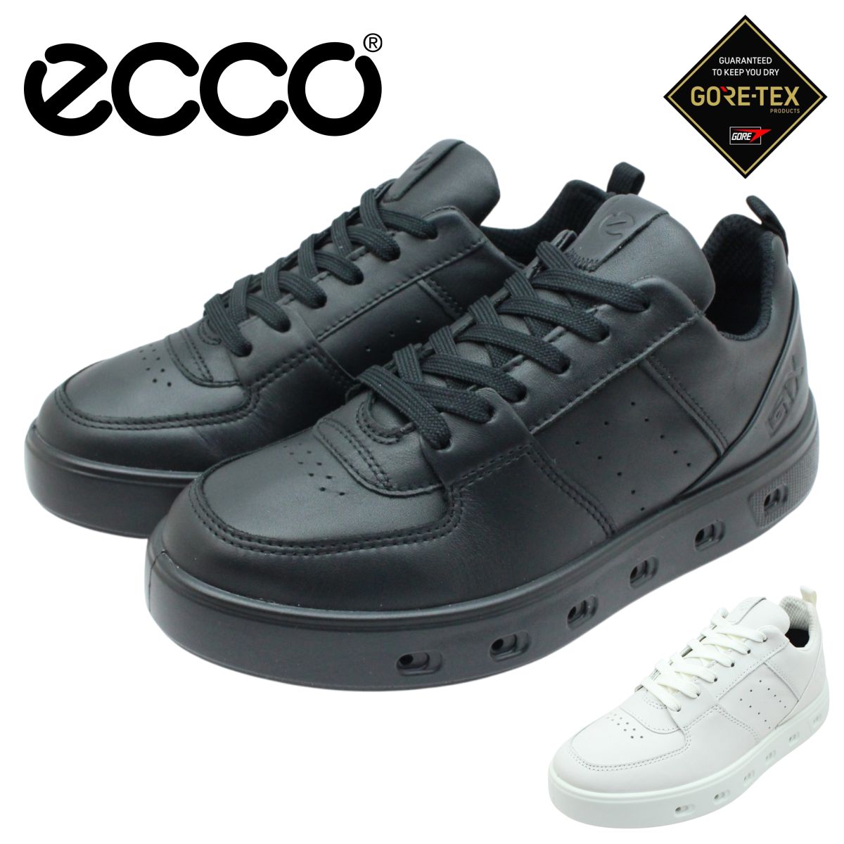 エコー ECCO レディース レザー スニーカー STREET 720 W GORE-TEX 209713 ウォーキングシューズ 本革 紐靴 ゴアテックス 01007 01001 ホワイト ブラック