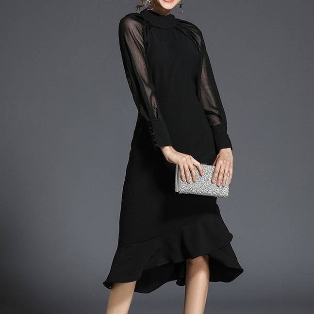 シースルー シフォン ドレス レディース シースドレス フィッシュテール アシメ 裾フレア ボディコンシャス フレアドレス ミモレ ハイネック 立ち襟 長袖 レース 透け感 抜け感 ロング丈 ミモレ丈