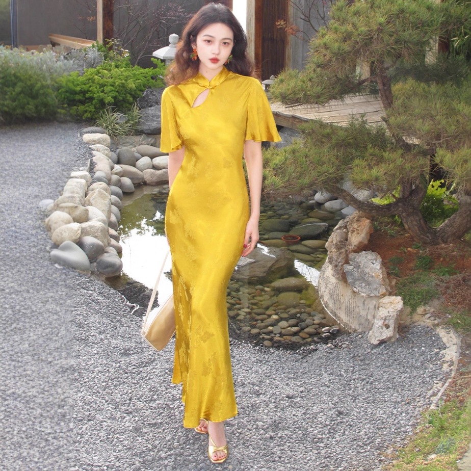 黄色改良チャイナドレス女性新中式改良軽気質着やせワンピース日常着られる