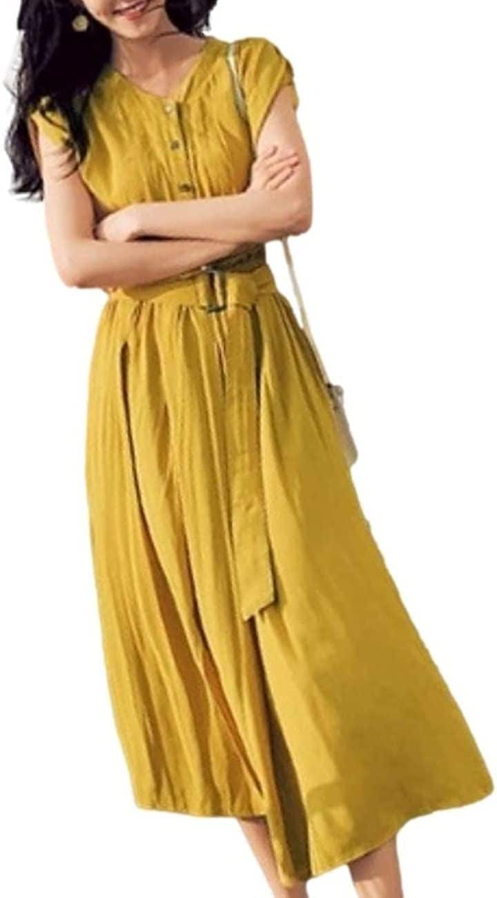 ワンピース きれいめ ナチュラル系 ミモレ丈 フレンチ袖 サラサラ スリット 無地(マスタード, M)