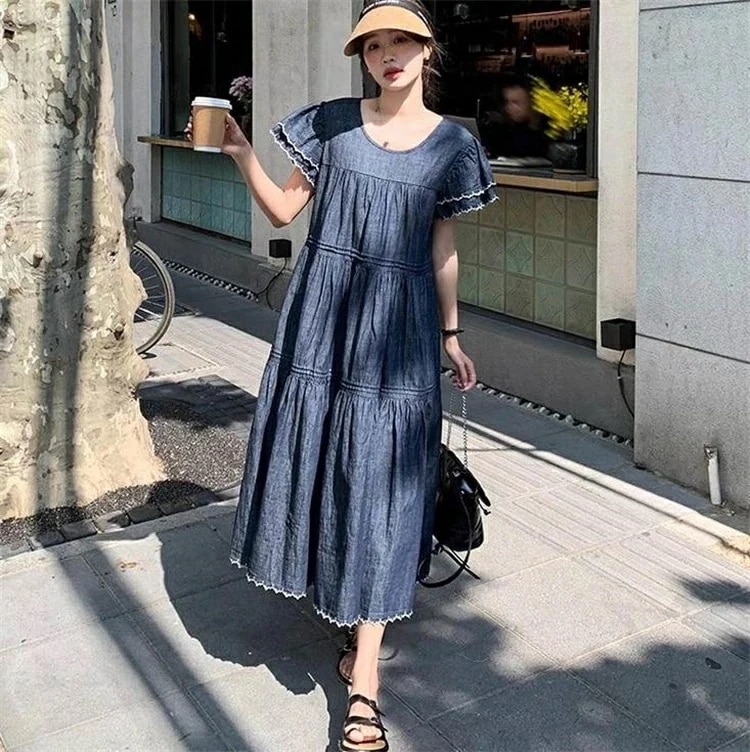 【急速出荷!】掲載！デニム ワンピース ティアード マキシ 半袖 フリル袖 フレア Aライン フリル ブルーデニム ステッチ かわいい 大人可愛い きれいめ カジュアル ガーリー 抜け感 キュート ベ