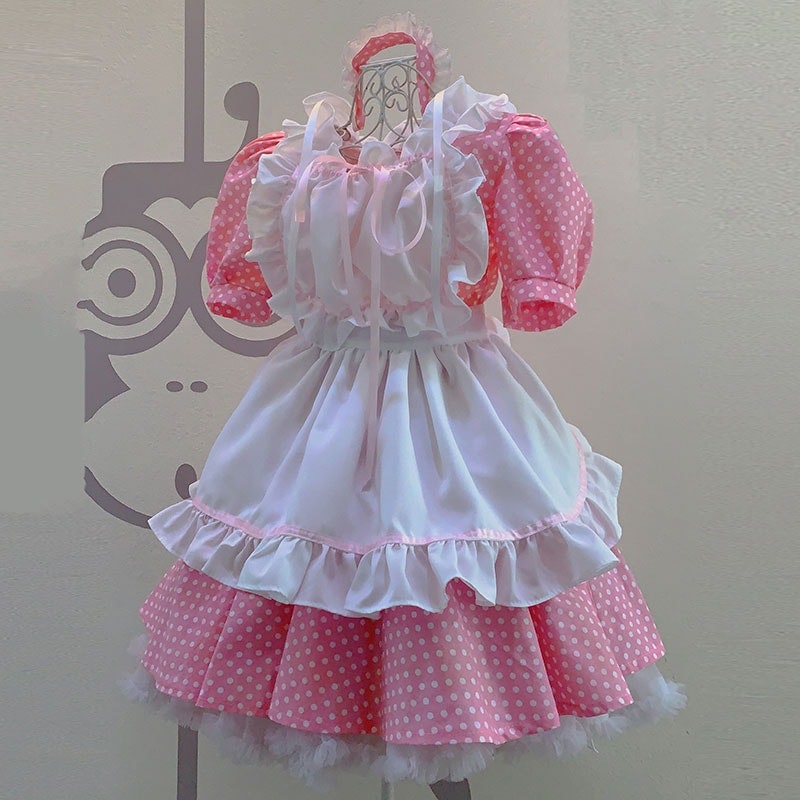 ピンク白水玉メイド服 ドット柄 白色フリル付けエプロン 可愛い お姫様