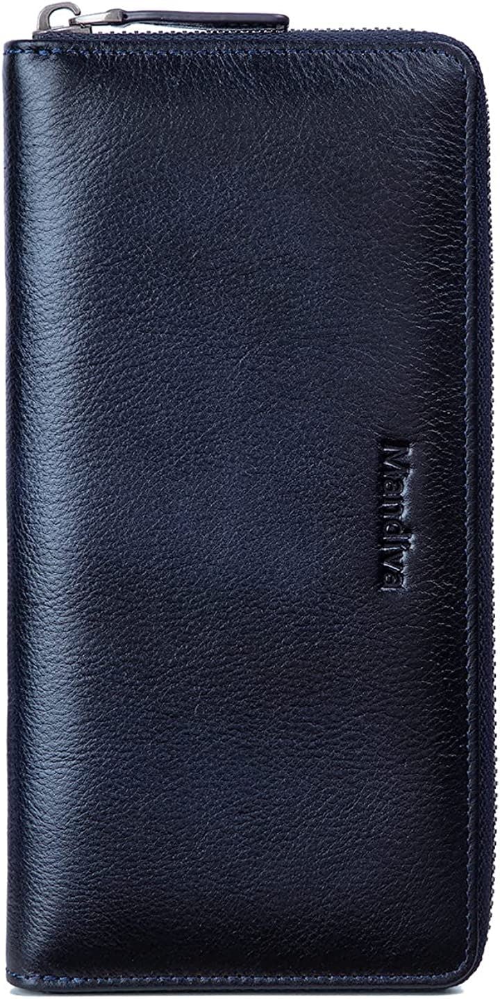 財布 メンズ レディース 長財布 本革 セパレート型 小銭入れ ラウンドファスナー(ネイビー)