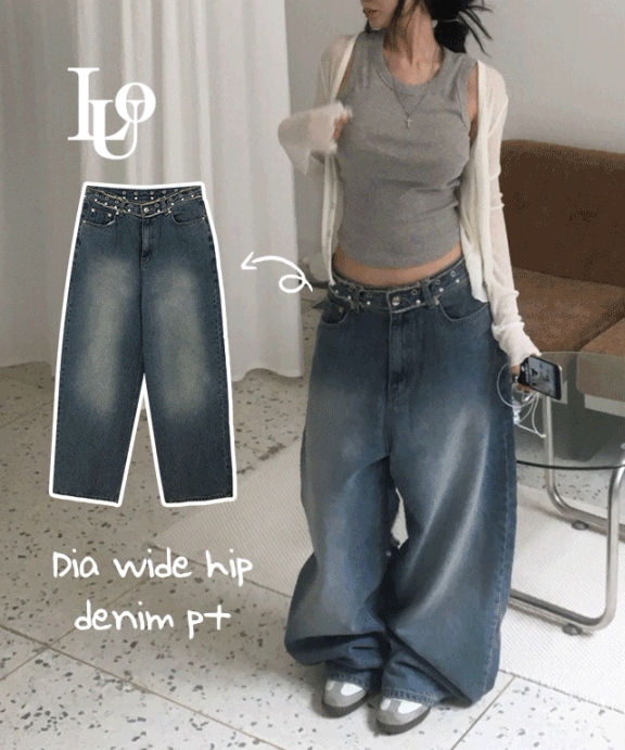 [OOTJ] ダイヤ ベルト ヒップ ビンテージ ブルー ワイドパンツ